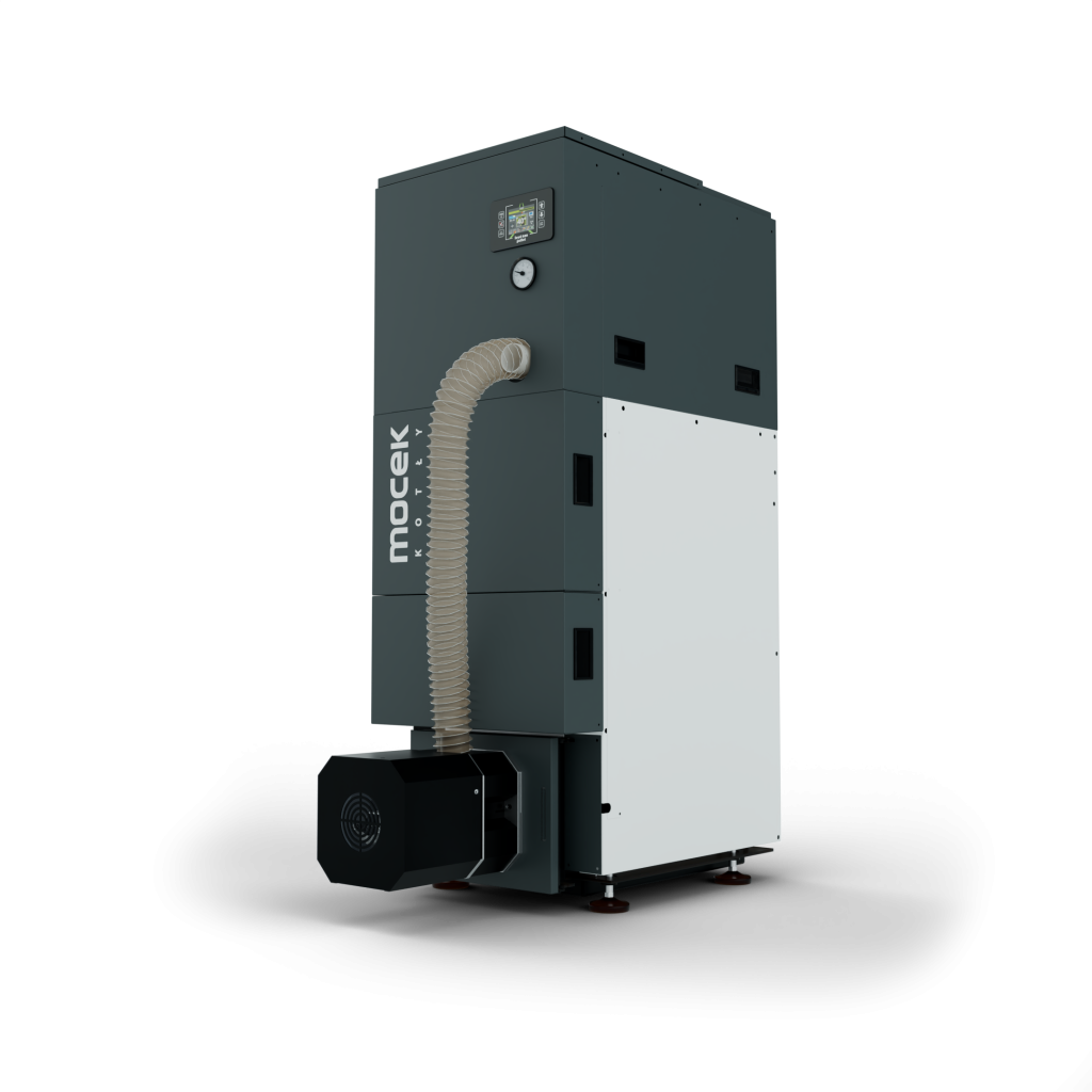 Piec na pellet MOCEKO BIOPAL ze zbiornikiem na górze widok z prawej strony pod kątem 45 stopni