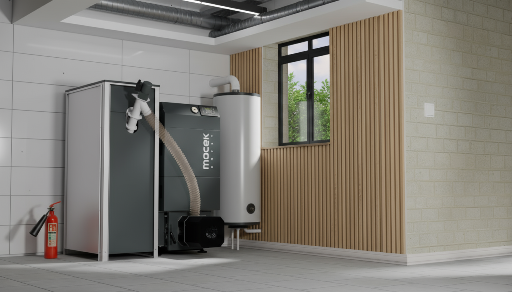 Nowoczesna kotłownia z kotłem na pellet i podajnikiem automatycznym MOCEK